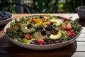 A vibrant, fresh summer salad, featuring an assortment of colorful, seasonal vegetables and fruits, outdoor dining scene.