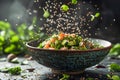 Vibrant Fresh Vegetable Salad with Dynamic Herb Sprinkles in Rustic Ceramic Bowl on Dark Kitchen Counter Royalty Free Stock Photo