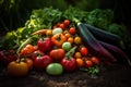 A vibrant, freshly picked vegetables, such as tomatoes, carrots, bell peppers, showcasing their rich colors, textures, and natural