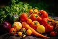 A vibrant, freshly picked vegetables, such as tomatoes, carrots, bell peppers, showcasing their rich colors, textures, and natural