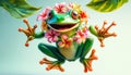 A vibrant frog adorned with a garland of tropical flowers, mid-leap