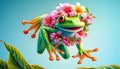 A vibrant frog adorned with a garland of tropical flowers, mid-leap