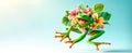 A vibrant frog adorned with a garland of tropical flowers, mid-leap