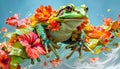 A vibrant frog adorned with a garland of tropical flowers, mid-leap