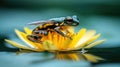A vibrant frog rests on a yellow water lily Royalty Free Stock Photo