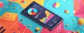 Vibrant front view artwork showcasing mobile device analytics, with a focus on tech theme and data visualization