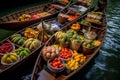 Vibrant Fruit Baskets on Traditional Floating Boats at the Market. AI