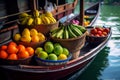 Vibrant Fruit Baskets on Traditional Floating Boats at the Market. AI