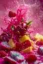 Vibrant Fruit Explosion with Berries and Tropical Fruits in Vivid Pink Liquid Splash, Dynamic Freshness Concept