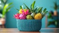 Vibrant fruit and flower arrangement in a decorative bowl Royalty Free Stock Photo