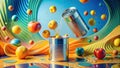 Vibrant fruit and metal canisters in abstract composition featuring dynamic splashes and colorful spheres. Generative AI Royalty Free Stock Photo