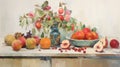 Vibrant Fruit Painting In Aquamarine And Crimson By Andrzej Sykut