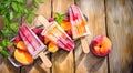 Vibrant fruit popsicles on a wooden table, surrounded by fresh peaches and raspberries, radiating a refreshing summer vibe