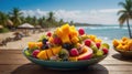 Exotic Fresh Fruit Salad Bowl at Tropical Beach Paradise Getaway Royalty Free Stock Photo