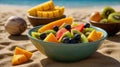 Exotic Fruit Salad Delight on Sandy Beach Shore with Ocean Background Royalty Free Stock Photo