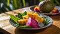 Exotic Fruit Platter: Mango and Dragon Fruit Delight on a Wooden Table Royalty Free Stock Photo
