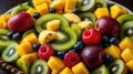 A vibrant fruit salad featuring kiwi, pineapple, mango, apples, raspberries, and blueberries Royalty Free Stock Photo