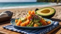 A vibrant fruit salad featuring melon and avocado on a beachside table Royalty Free Stock Photo