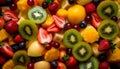Vibrant fruit salad kiwi, strawberry, orange, grape generated by AI