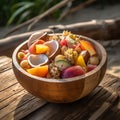 A vibrant fruit salad with a mix of colorful fruits