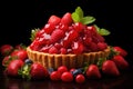 A vibrant fruit tart filled with juicy raspberries, and a glossy topping, surrounded by fresh strawberries and blueberries on a Royalty Free Stock Photo