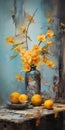 Vibrant Fruit And Yellow Orchids In Antique Metallic Vases