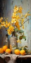 Vibrant Fruit And Yellow Orchids In Antique Metallic Vases