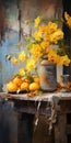 Vibrant Fruit And Yellow Orchids In Antique Metallic Vases