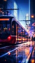 vibrant future metropolis, one image at a time of tram, light bokeh, defocused background Royalty Free Stock Photo