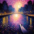 Vibrant Futurism: A Fantastical Night Painting Of Floating Person