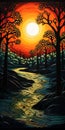 Vibrant Art Nouveau Painting: River And Forest With Sun