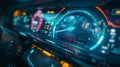 Futuristic car dashboard with illuminated speedometers and digital displays.