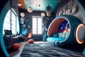 A vibrant, futuristic children's room with high-tech amenities and playful design elements, generative ai