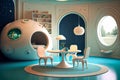 A vibrant, futuristic children's room with high-tech amenities and playful design elements, generative ai