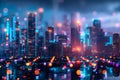 Vibrant futuristic city with neon lights illuminating the skyline and architecture. Concept Royalty Free Stock Photo