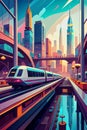 Vibrant Futuristic Cityscape with High-Speed Monorail Transportation