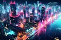 Vibrant futuristic cityscape illuminated by neon lights at night