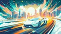 Vibrant Futuristic Cityscape with Sleek Sports Car Illustration