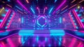 Vibrant futuristic concert stage with dynamic neon purple blue red illumination. Night Club. Concept of virtual reality