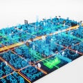 Futuristic digital cityscape with glowing grid infrastructure and data connections Royalty Free Stock Photo