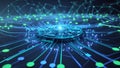 A vibrant, futuristic digital illustration featuring a complex network of glowing blue circuits, wires