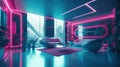 Vibrant and Futuristic Interior Design: Bright Pink and Cerulean Blue with Shiny Bionic Touch