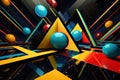 Vibrant and futuristic render with cosmic and celestial theme. Geometric shapes such as spheres, triangles, and lines in
