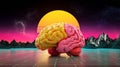 A stylized depiction of a brain with a vivid pink and yellow color scheme against a backdrop of a sunset or sunrise, suggesting a Royalty Free Stock Photo