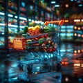 Vibrant futuristic shopping cart brimming with fresh produce assortment