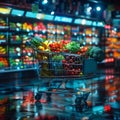 Vibrant futuristic shopping cart brimming with fresh produce assortment