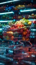 Vibrant futuristic shopping cart brimming with fresh produce assortment