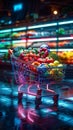 Vibrant futuristic shopping cart brimming with fresh produce assortment