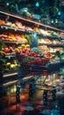 Vibrant futuristic shopping cart brimming with fresh produce assortment