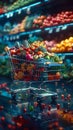 Vibrant futuristic shopping cart brimming with fresh produce assortment